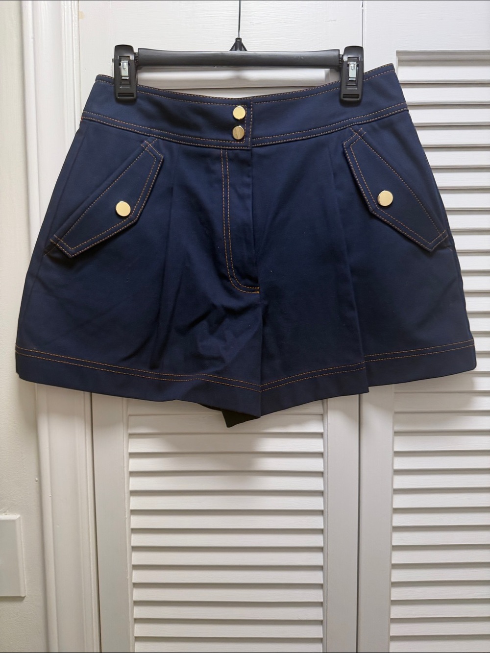 Veronica Beard Navy Pleated High-Waist Skort with Gold Buttons